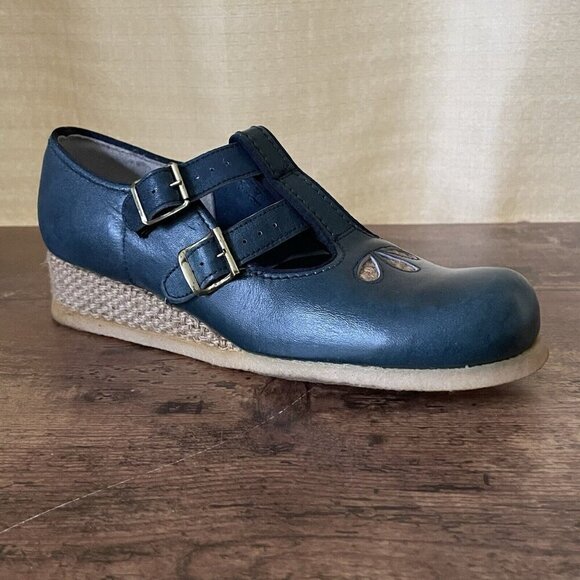 Vintage 1970s Beau-Ties Girls Shoe Sz 3.5 Blue Wedge T-Strap Mary Jane Deadstock - Picture 1 of 8